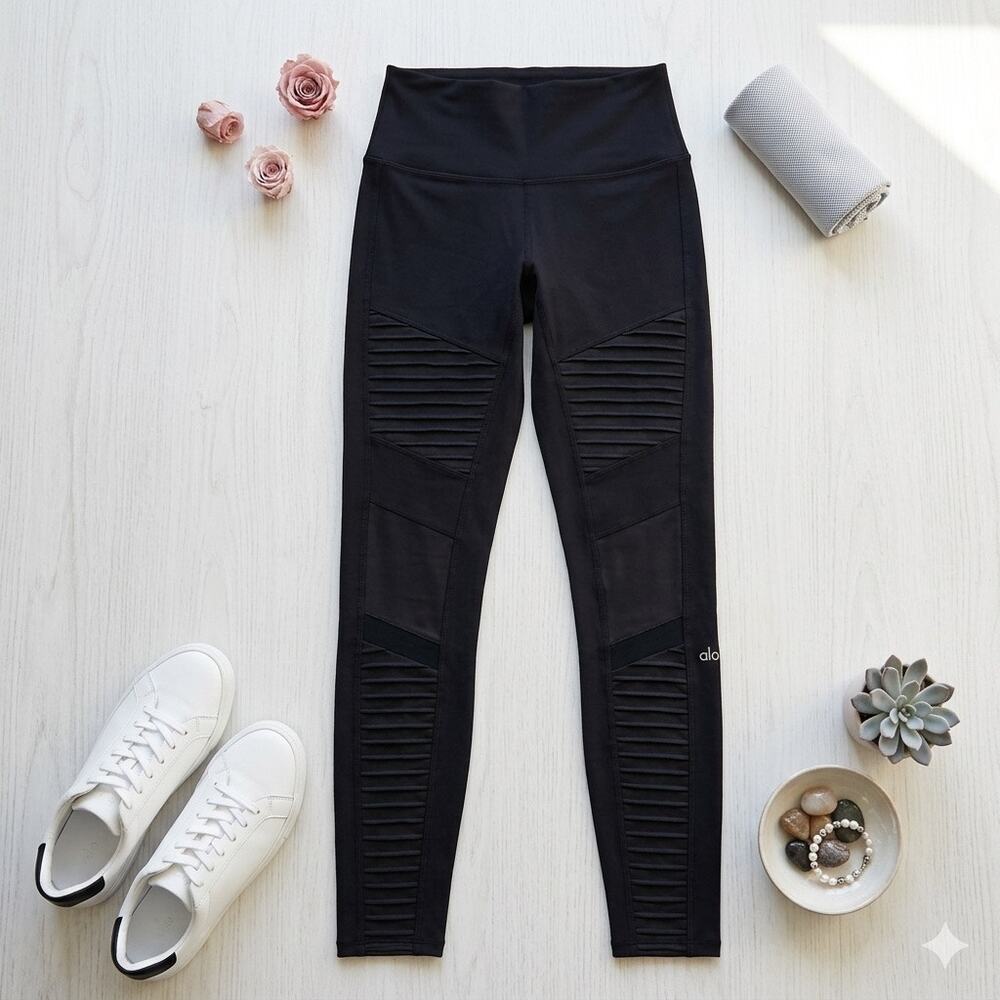 Alo Yoga Black Moto High Waisted Leggings Ribbed Mesh‎ Mixed Matte Shine S